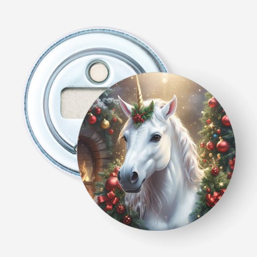 Sneeuwlicht: de betoverde kerst-eenhoorn button flesopener (Voorkant)