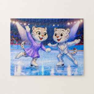 Sneeuwluipaar voert ijddansroutine uit in legpuzzel