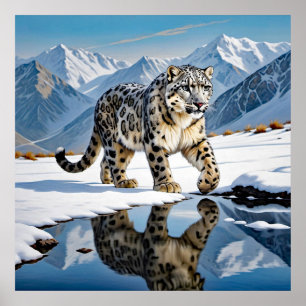 Sneeuwluipaard in bergachtig winterlandschap poster