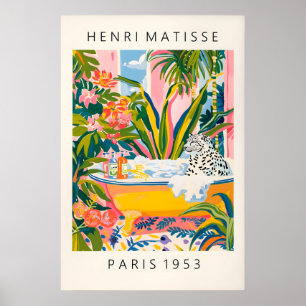 Sneeuwluipaard Matisse-kunstprint roze badkamer Poster