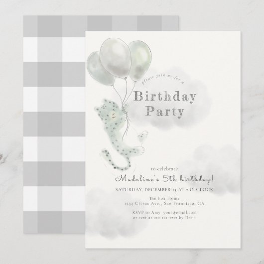 Sneeuwluipaard met ballonnen grijze verjaardag kaart (Voorkant / Achterkant)