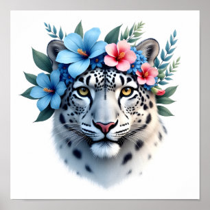 Sneeuwluipaard met blauwe en roze bloemenkroon pos poster