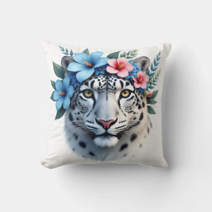 Sneeuwluipaard met Blauwe & Roze Bloemenkroon Worp Kussen