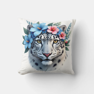 Sneeuwluipaard met Blauwe & Roze Bloemenkroon Worp Kussen
