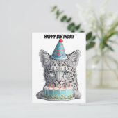 Sneeuwluipaard met pet van de verjaardag briefkaart (Staand voorkant)