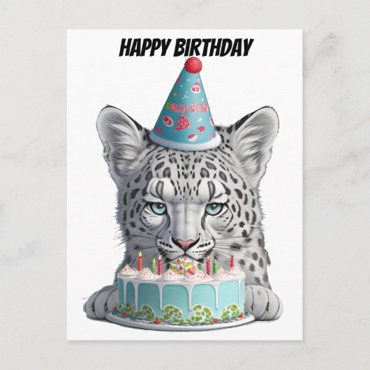 Sneeuwluipaard met pet van de verjaardag briefkaart (Voorkant)