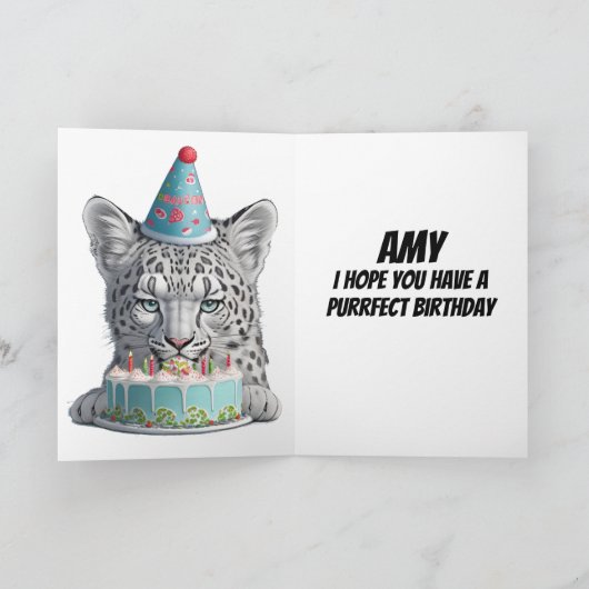 Sneeuwluipaard met verjaardagshoed kaart (Binnen)