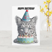 Sneeuwluipaard met verjaardagshoed kaart (Gele Bloem)
