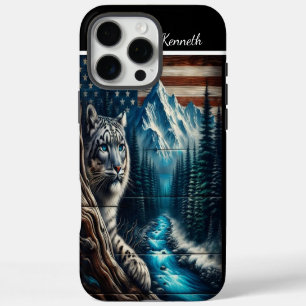 Sneeuwluipaard onder Amerikaanse vlag iPhone 16 Pro Max Hoesje