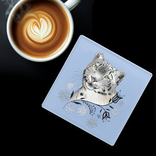 Sneeuwluipaard Sneeuwvlokken Blauwe Bloemen Glazen Onderzetter