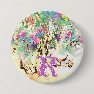 Sneeuwluipaard tropische bloemen Hawaïaans dier Ronde Button 7,6 Cm