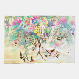 Sneeuwluipaard tropische bloemen Hawaïaanse pastel Theedoek