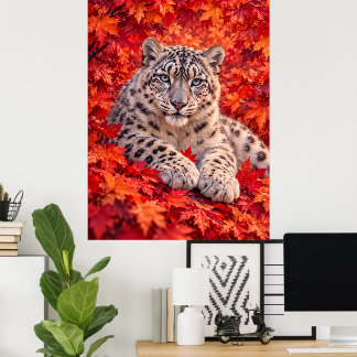 Sneeuwluipaard tussen herfst esdoornbladeren – Wil Poster
