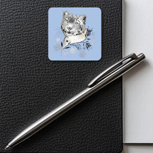 Sneeuwluipaard Winter Elegantie Blauwe Sneeuwvlokk Vierkante Sticker
