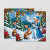 Sneeuwmaagd in winter boslandschap met konijn feestdagenkaart (Voorkant / Achterkant)