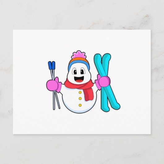 Sneeuwman als skiër met skis briefkaart (Voorkant)