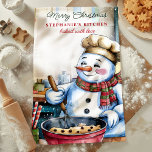 Sneeuwman bakt kerstkoekjes gepersonaliseerd theedoek<br><div class="desc">Voeg een vleugje feestelijk gejuich toe aan uw keuken met deze gepersonaliseerde kersthanddoek met een schattige sneeuwpop die koekjes bakt. Met het pet en de sjaal van een chef-kok brengt deze charmante sneeuwman vakantiedruk terwijl hij een kom koekjesbeslag roert. Pas de handdoek met jouw naam aan om uw kerstbakken extra...</div>