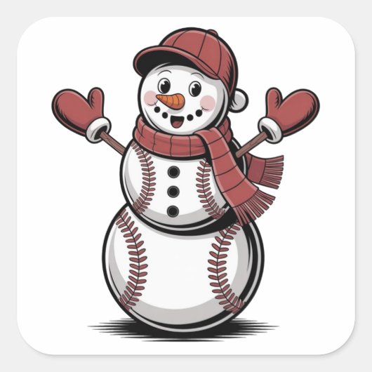 Sneeuwman Baseball Kerstsport liefhebbers Vierkante Sticker (Voorkant)