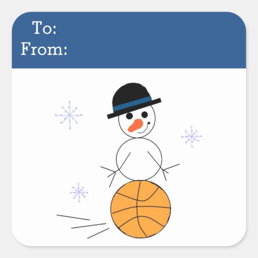 Sneeuwman Basketbal Cadeautag Vierkante Sticker (Voorkant)