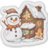 Sneeuwman begroet Kerstmis in Cosy Cottage Sticker (Voorkant)