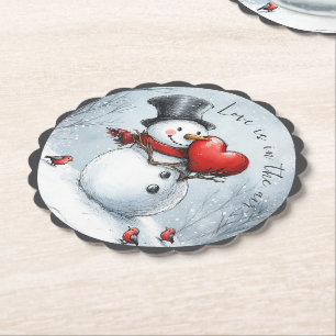 Sneeuwman biedt liefde met een groot hart kartonnen onderzetters