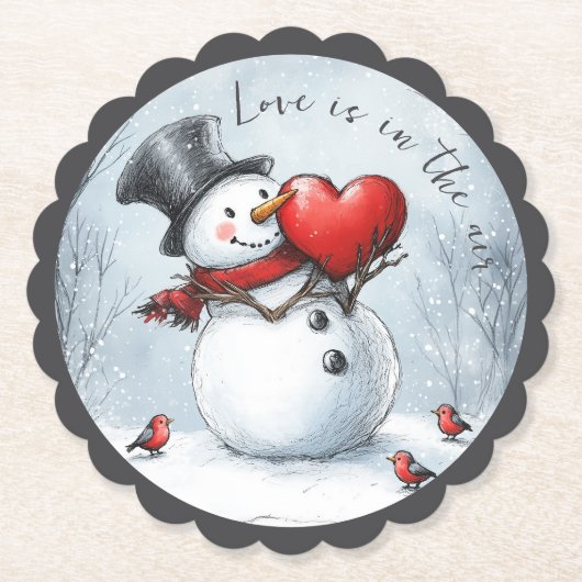 Sneeuwman biedt liefde met een groot hart kartonnen onderzetters (Voorkant)
