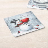 Sneeuwman biedt liefde met een groot hart kartonnen onderzetters (Schuin)