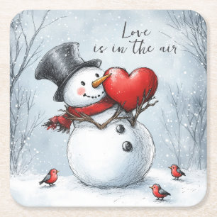 Sneeuwman biedt liefde met een groot hart kartonnen onderzetters