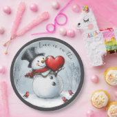 Sneeuwman biedt liefde met een groot hart papieren bordje (Feest)