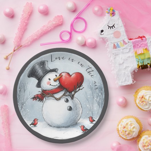 Sneeuwman biedt liefde met een groot hart papieren bordje (Feest)