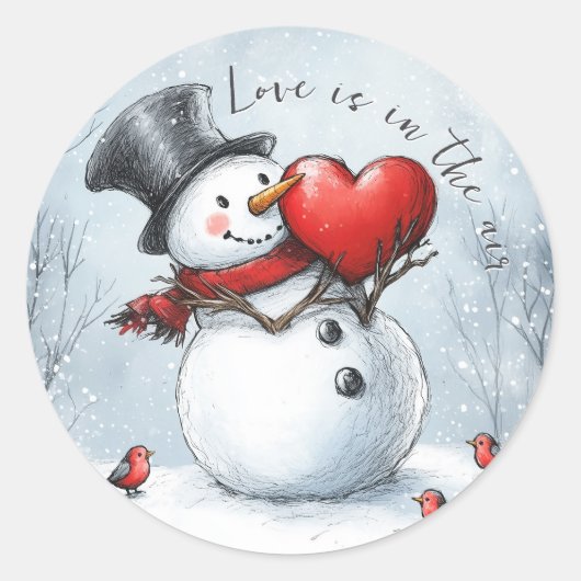 Sneeuwman biedt liefde met een groot hart ronde sticker (Voorkant)