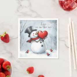 Sneeuwman biedt liefde met een groot hart servet