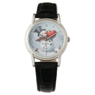 Sneeuwman biedt liefde met een groot rood hart horloge