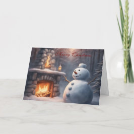 Sneeuwman bij een open haard Kerstmis Kaart