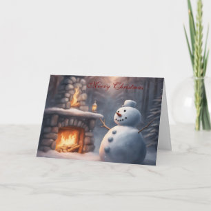 Sneeuwman bij een open haard Kerstmis Kaart