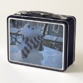 Sneeuwman bij mijn tafel metalen lunchbox (Achterkant)