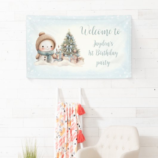  Sneeuwman Blauw Kerstmis 1e Verjaardagsbanner Spandoek (Insitu)