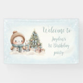  Sneeuwman Blauw Kerstmis 1e Verjaardagsbanner Spandoek (Horizontaal)