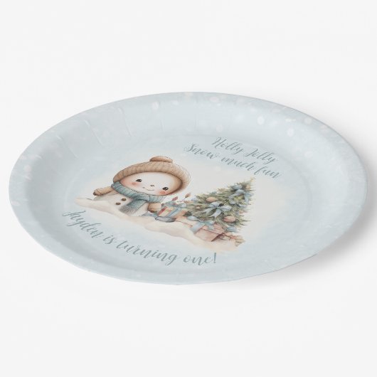 Sneeuwman Blauw Kerstmis Eerste Verjaardag Papieren Bordje (Gekanteld)