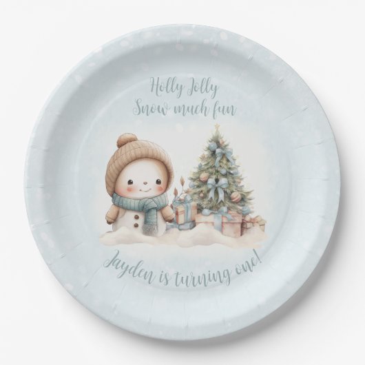 Sneeuwman Blauw Kerstmis Eerste Verjaardag Papieren Bordje (Voorkant)