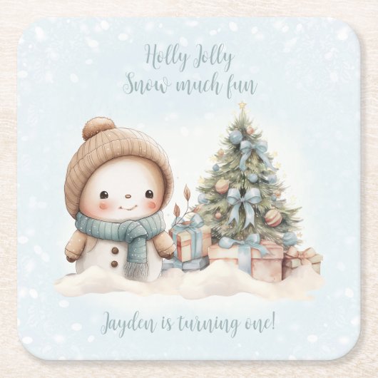  Sneeuwman Blauw Naam Kerstmis 1e Verjaardag Kartonnen Onderzetters (Voorkant)