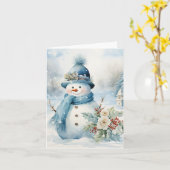 Sneeuwman Blauw Pet Sjaal Sneeuwbedekte Bomen Blan Kaart (Gele Bloem)