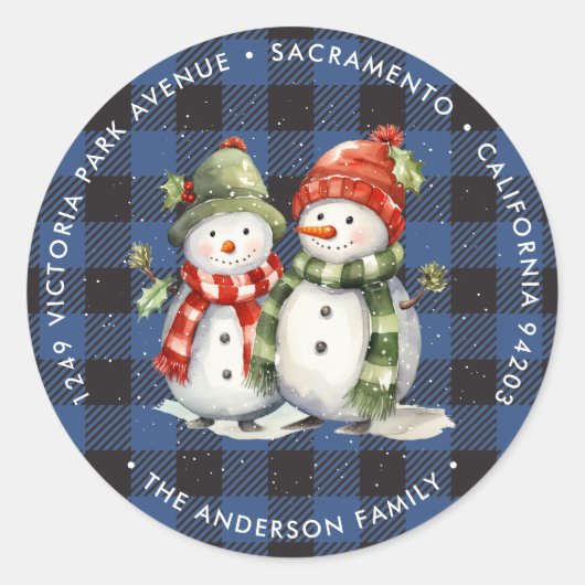 Sneeuwman Blauw Plaid Kerst retour adreslabels Ronde Sticker (Voorkant)