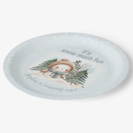 Sneeuwman Blauw Winter Eerste verjaardag Papieren Bordje (Gekanteld)