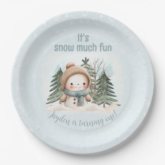  Sneeuwman Blauw Winter Eerste verjaardag Papieren Bordje (Voorkant)