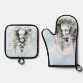 Sneeuwman Bos Bomen Sneeuw Groen Blauw Ovenwant & Pannenlap Set (Voorkant)