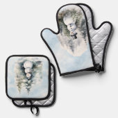 Sneeuwman Bos Bomen Sneeuw Groen Blauw Ovenwant & Pannenlap Set (Voorkant / Achterkant)