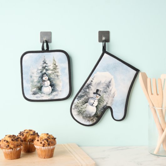 Sneeuwman Bos Bomen Sneeuw Groen Blauw Ovenwant & Pannenlap Set (Insitu(Ophanging))