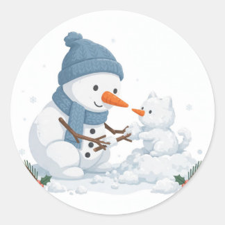 Sneeuwman Bouwt Kleine Sneeuwkat Vriend Ronde Sticker