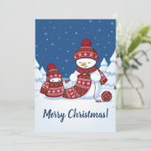 Sneeuwman Breiend Kerstsjaal Feestdagenkaart (Staand voorkant)